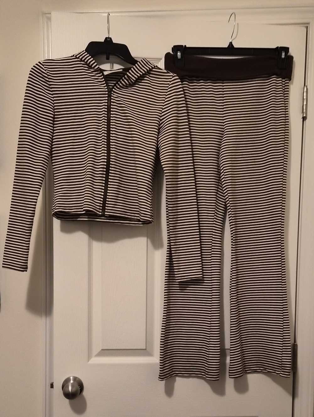 No Boundaries Striped Hooded Zip Jacket & Boot-Cut Pants - Cream and Brown